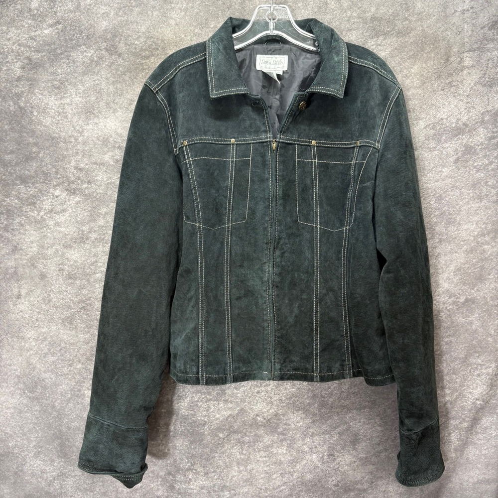 VTG Y2K Live a Little Black Suede Leather Zip Up Jacket Size XL Contrast Stitch